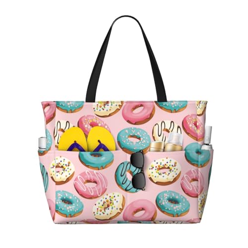 Waterproof Sandproof Beach Bag Blue Pink White Donut Print Swim Large Tote Pool Bag For Women With Zipper