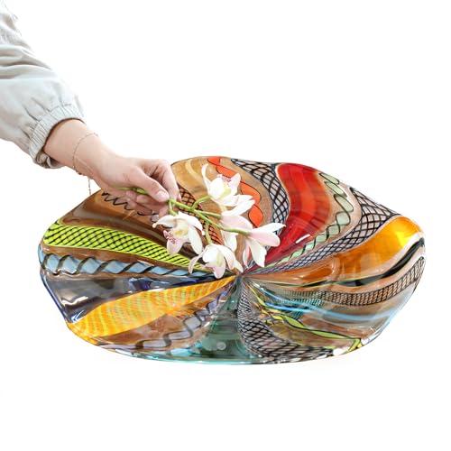 Ca D Oro Centerpiece Large Bowl Boho with Colored Canes Hand Blown Murano-Style Art Glass for Decor and Centerpieces - Center G