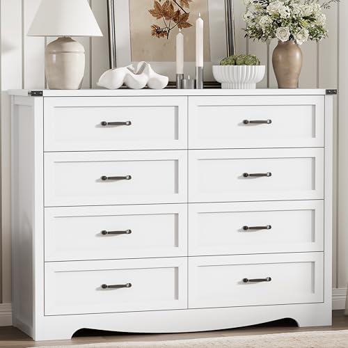 Image of Dresser for Bedroom with 8 Drawers, 54 inch Wide Wood Chest of Drawers with Deep Drawers & Mental Handle, Modern Dresser TV Stand, Wooden Closet Storage Organizer for Living Room, Hallway, Entryway, White