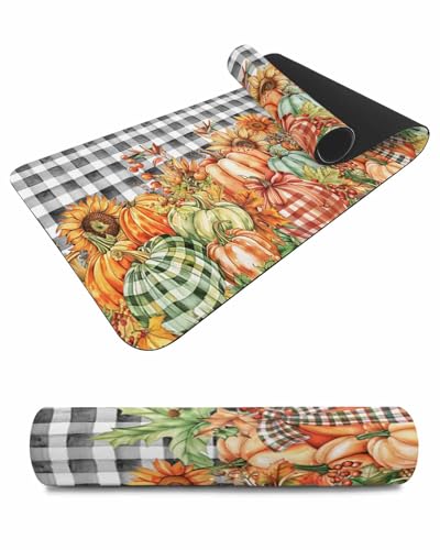 Debedcor Heat Proof Table Pads Waterproof Decorative, Fall Pumpkins Non-Slip Table Countertop Protector, Thanksgiving Leaves Gray Plaid Insulation Mat for Dining Room, 48 x 12 Inches