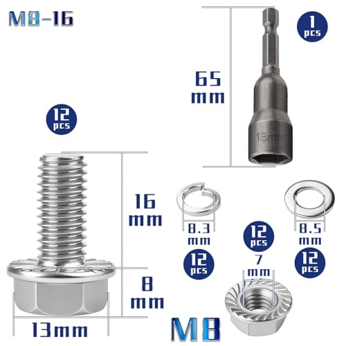 TXXATX 12 Stück M8x16mm Sechskantschrauben m8 Schrauben Set Edelstahl A2 70 Vollgewinde Außensechskan Flanschmuttern Federringe Unterlegscheiben Magnete Sechskant Stecknuss für Bauwesen Maschinen
