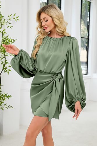 Women's Short Formal Satin Dress Elegant Long Lantern Sleeve Pleated Crew Neck Tie Waist Cocktail Party Mini Dresses 6