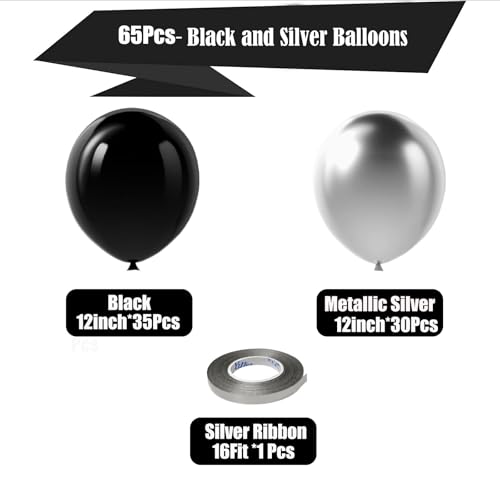 Image of Black and Silver Balloons Set, 65 Pcs 12 Inch Latex Balloons with Ribbon | Thick Durable ,Easy to Inflate,Metallic Silver and Black Balloons for Birthday Wedding Anniversary Halloween bachelor party