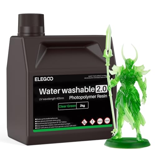 ELEGOO Water Washable 3D Printer Resin 2.0, Fast Curing Photopolymer Resin for Mars Saturn Jupiter MSLA DLP LCD 3D Printing, 385-405nm UV Curing 3D Printing Liquid, Clear Green 2000g