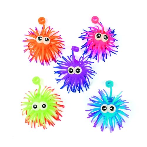 Fun Express Two-Tone Squishy Spike Ball YoYos – 3.5 Inch Vinyl Puffer Balls with Crazy Eyes & Stretchy Cord – Sensory Toys for Birthday Party Favors, Carnival Prizes, Goodie Bags & Classroom Rewards