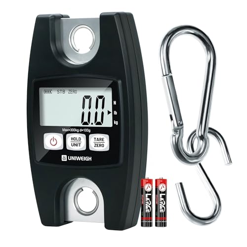 UNIWEIGH Báscula Colgante Digital 660lb/300kg, Bascula Industriales con Ganchos,Básculas de Equipaje con LCD/Funciones de Retención/Tara para Pesaje,Granja Caza,Pesca al Aire Libre,Maletas(Negro)