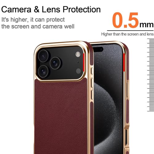 Coque iPhone 17 Pro Max cuir véritable antichoc élégante marron or