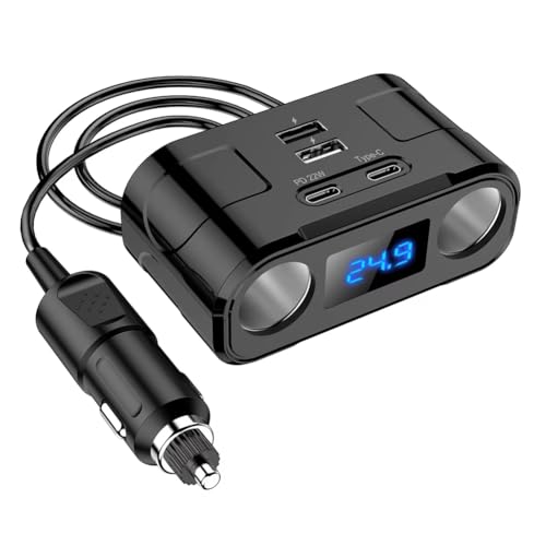 Uxsjakjsd Adaptador de Corriente para Coche de 60 W, 2 Enchufes, 2 Puertos USB y 2 Puertos Tipo C, PD 22 W, Carga Rápida, Detección de Voltaje, Cargador de Teléfono.
