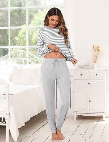 Bresdk Pyjama Damen Lang Baumwolle Frauen Nachtwäsche Baumwolle Schlafanzug mit Bündchen Grau XS 2