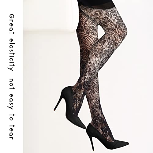 Vabean 4 Pcs Women's Patterned Tights Y2K White and Black Lace Tights for Women(Small Heart, Big Heart, Rose, Butterfly)4