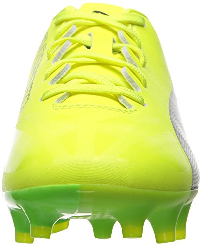 PUMA Kids' Evospeed 17 Firm Ground Soccer Shoe, Safety Yellow Black-Green Gecko2