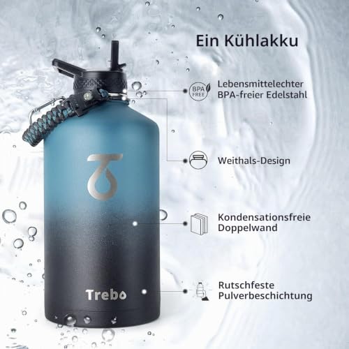 Trebo 3.8 L Edelstahl Trinkflasche Isoliert mit Paracord-Griff & 3 Deckeln – Ansicht 6