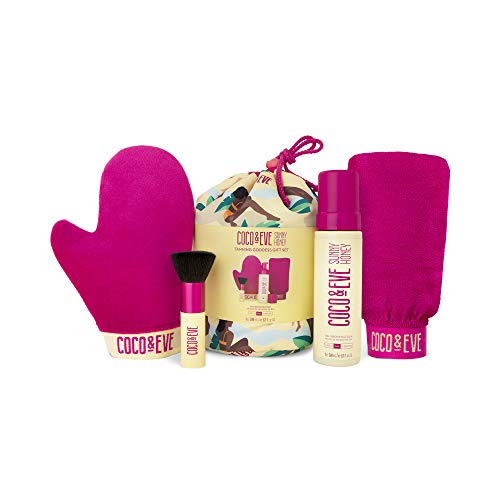 Coco & Eve Tanning Goddess Kit - Fake Tanner Mousse Kit (Dark), All Natural Sunless Tanning Mousse, Instant Fake Tanning Lotion with Mitt, Brush, Exfoliator e Cosmetics Bag Gift Set