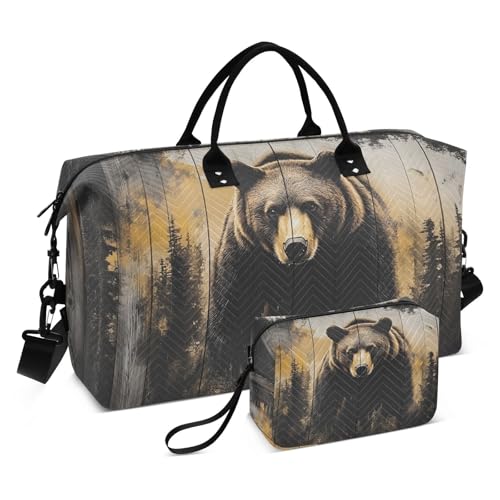 XYMZR Bear Wood Forest Large Quilted Duffle Bag for Travel - Large Capacity, Fashion Design, Sport Tote Gym Bag with Toiletry Bags for Women Men