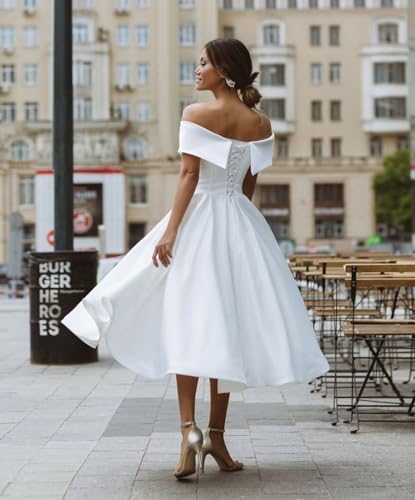 POMUYOO Women's Off The Shoulder Short Homecoming Dress Satin Simple Bridesmaid Prom Gown with Pockets YG2043