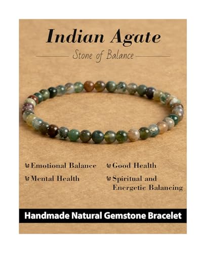 Landorilo Natural Stone Beaded Bracelets for Men Women Healing Crystal Energy Protection Bracelet with Gift Card Christmas Birthday Valentines Jewelry Gifts 4mm Indian Agate