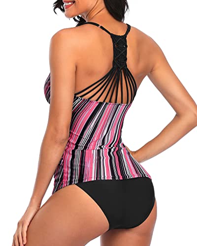 Holipick Women Pink Diagonal Stripe Tummy Control Two Piece Tankini Set Swimsuit V Neck Tankini Top Bathing Suits With Bikini Bottom M(Us 8-10) #TOP1