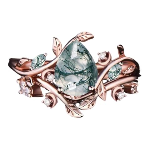 LELOUCHY 10K 14K 18K Rose Gold 2CT Natural Moss Agate Engagement Ring Set for Women 925 Sterling Silver Genuine Pear Green Moss Agate Leaf Art Deco Bridal Wedding Ring Set (Size 4-15)-3 Cover