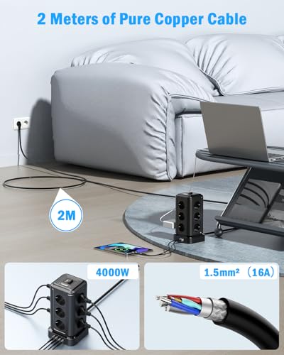 TOPREK Mehrfachsteckdose, 12 Fach Steckdosenleiste mit 4 USB, 20W USB C Schnellladen, 3680W/16A Steckerleiste Multisteckdose Steckdosenturm mit Schalter für Büro Küche Tisch, 2M Kabel 3