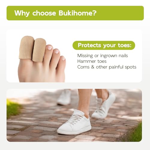 Image of Bukihome 8 PCS Toe Protectors, Silicone Toe Caps Closed Toe Surface Fabric Sleeve Protectors, Prevent Pain Relief for Corns, Blisters and Ingrown Toenails (2PCS Large Size+ 6PCS Medium Size)[Upgrade]