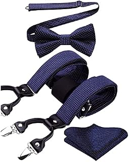 HISDERN Mens Braces Paisley Suspenders with 6 Strong Metal Clips Adjustable Y Shape Floral Braces Bowtie and Pocket Square Set