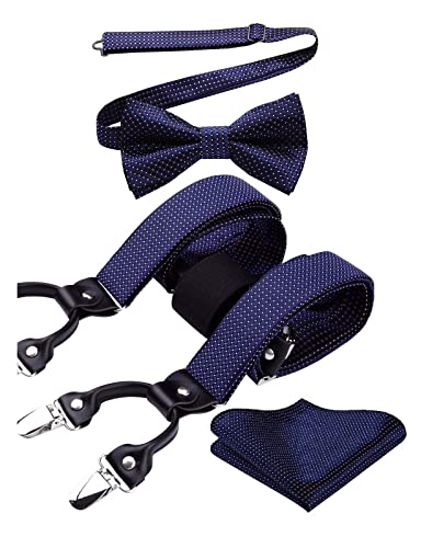 HISDERN Tirantes Azul marino Pajarita y Tirantes Hombre Conjunto de Pajaritas y Pañuelo en Forma de Y Ajustables con Clips