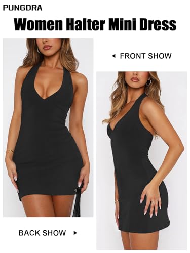 Image of Women's Sexy Halter V Neck Mini Dress for Women Summer Slim Fit Going Out Club Party Bodycon Short Dresses