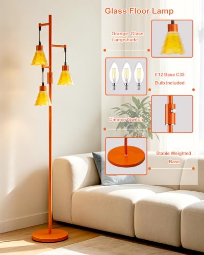 Image of Lightdot 67 inch Glass Floor Lamps for Living Room, 3-Light Dimmable Floor Lamp with Orange Glass Shade& Bulbs Included, Mid Century Standing Tall Lamp with 5Lbs Heavy Base for Bedroom /Sofa Beside
