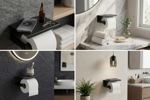 Image of Premium Stainless Steel Toilet Paper Holder with Storage Shelf | Matte Black Anti-Rust Bathroom Tissue Roll Dispenser | Wall Mounted Phone Holder & Organizer (Square BL44)