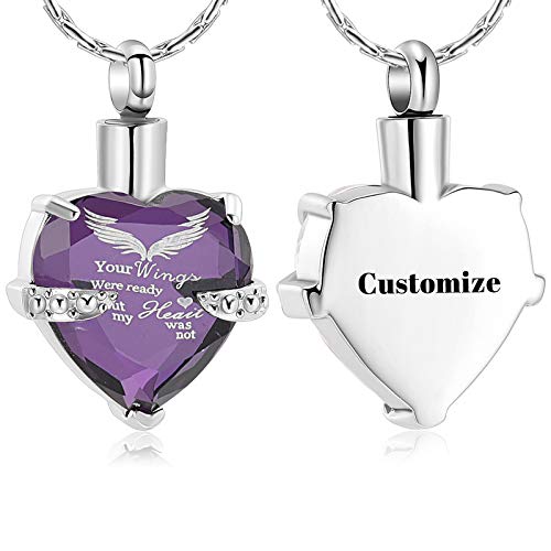 constantlife Heart Cremation Necklace for Ashes - Angel Wings Pattern Crystal Pendant Urn Memorial Jewelry - Engraved Your Wings were Ready But My Heart was Not2