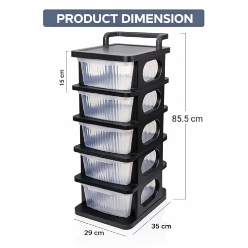 Image of 5 Tier Plastic Storage Drawer /Spacious Organizer with Handle| Modular Storage Rack for Home /Kitchen /Office | Black