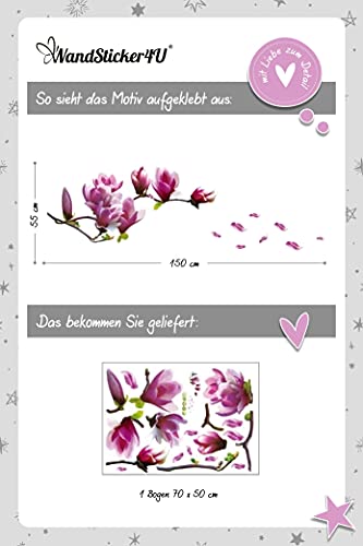 Wandsticker4U®- Wandtattoo Blumen MAGNOLIE lila I Wandbild: 150x55 cm I Wandsticker Blüten Baum-zweige Blätter Pflanzen Aufkleber I Wand Deko für Wohnzimmer modern Schlafzimmer Küche Bad Flur