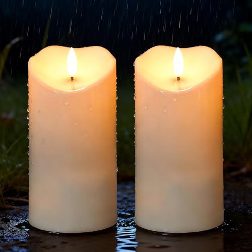 Image of Solar Candles Outdoor Waterproof, Flameless Flickering Pillar Candles 2 Pack 6 inch, IP65 Solar Powered Dusk to Dawn Sensor with 30+ Hours Long Lasting for Patio Garden Yard Deck Decor