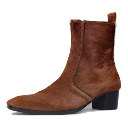 OSSTONE Men Chelsea Ankle Boots Leather Pony Hair Chukka Boots with Side Zipper Heel Dress Boots OS-JY021-E-R Original Brown