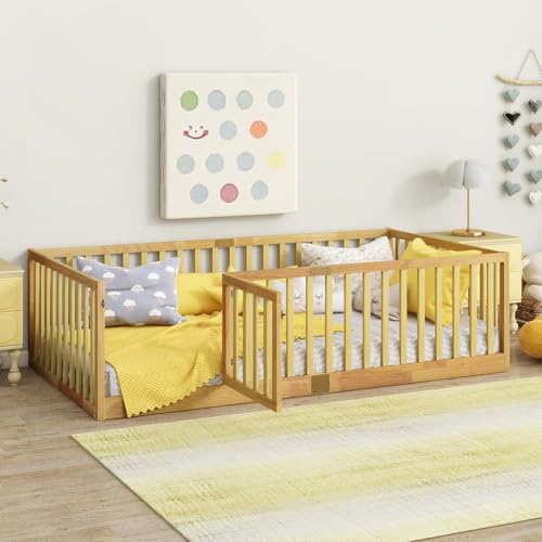 Tatub Twin Floor Bed with High Rails and Convertible Door, Solid Wood Cama Montessori Bed Without...