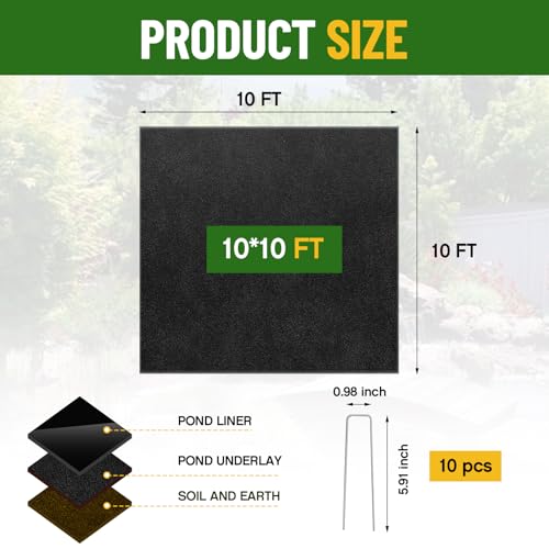 Image of Fanfanwin 10 x 10 ft Pond Liner Underlayment with 10 U-pins, 6oz, Black
