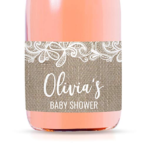 Andaz Press Personalized Mini Champagne Wine Bottle Labels, Olivia's Baby Shower, Burlap Lace, 20-Pack, Custom Mini Champagne Favor Gift Stickers for Baby Shower