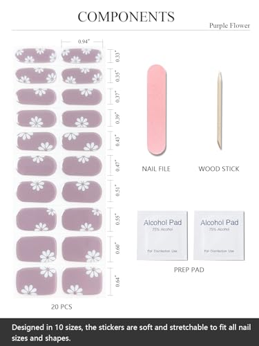 AutyaMee Semi Cured Gel Nail Strips (Purple Flower), 20 Pcs Gel Nail Wraps, Stickers, Salon Quality, Long Lasting, Works with Any UV Lamps