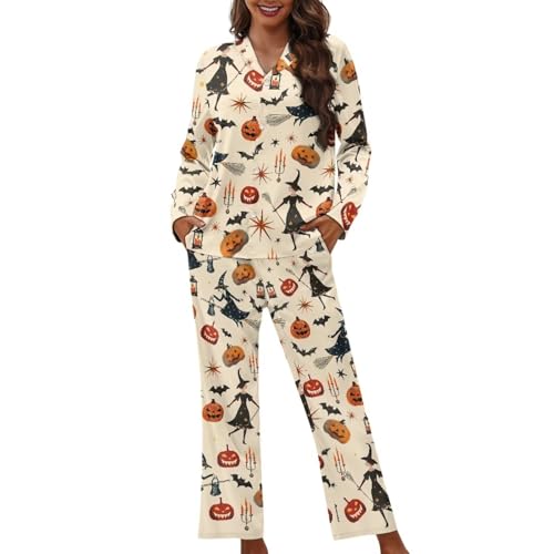 Reanaysto Witch Pumpkin Halloween Pajama Set for Women Long Sleeve Button Down Sleepwear Soft Funny Loungewear Pjs with Long Pant 2-Piece