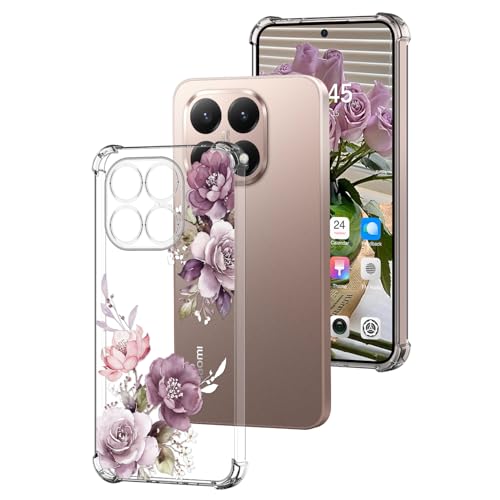 DiaryTown Transparent Hülle für Xiaomi 15T HandyHülle mit Süß Muster Klar TPU Dünn Silikon Stoßfeste Kratzfest Schutzhülle Durchsichtige Case Cover für xiaomi 15T - Lila Pfingstrose