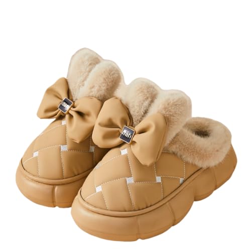 Thick Sole Fluffy Slippers for women, Winter Women's Waterproof & Warm Slippers with Bow Decor, Soft Fleece and Stylish Design Fuzzy Slippers