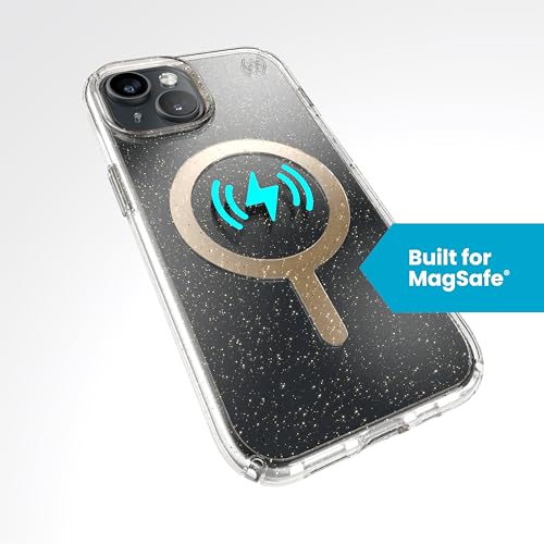 Image of Speck Clear iPhone 15 Case MagSafe - Slim Phone Case - 6.1 inch - Compatible with iPhone 14 & 13 - Presidio Lux Clear /Gold Glitter /Beige