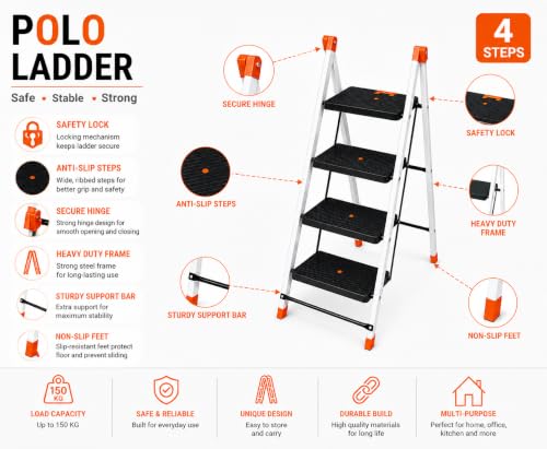 Image of CIPLA PLAST Polo 4-Step Foldable Ladder for Home & Office | Heavy Duty Anti-Slip Wide Steps | Lightweight Aluminium Step Stool | Safety Lock & Non-Slip Feet | Multi-Purpose Folding Ladder