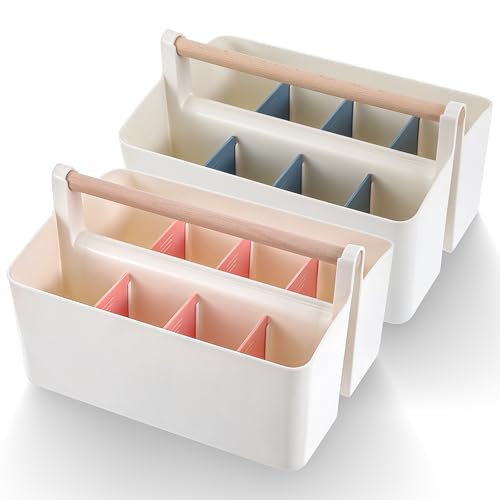 Image of 2 Pcs Art Supply Organizers Marker Caddy with Handle Makeup Tools Brushes Box Adjustable Dividers Storage Bin for Colored Pencils Craft Pens Pencils Paint Knife