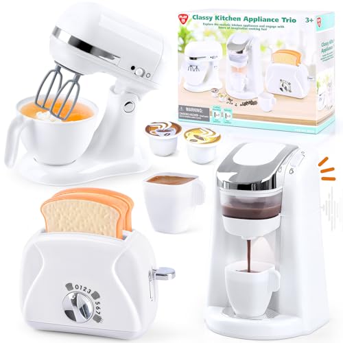 PLAY Ustensile Cuisine pour Enfant avec Cafetière, Mixer, Grille-Pain avec Llumière et Son Réalistes, Set de Cuisine Cadeau pour Enfant 3+ Ans (Blanc)