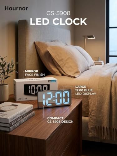 Image of Hournor Digital Alarm Clock with Large LED Display, Temperature Monitor, USB Powered, Adjustable Brightness, Snooze Alarm, Modern Desk Clock