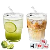 2 Pcs cristal de 400 ml con tapa y pajita, herméticos y resistentes al agua,Juego de Taza de Café Exquisita,para tazas de...