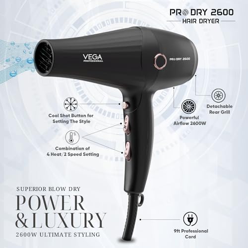 VEGA PROFESSIONAL Pro Dry 2600 Hair Dryer for Salon Professionals & Every Day Styling at Home| Combination of 4 Heat & 2 Speed Settings (VPPHD-11) view 2