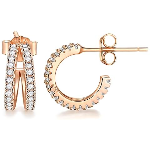 Lydreewam 925 Sterling Silver Small Half Hoop Earrings for Women Girls, Mini Huggie Hoop Earrings with 3A Zirconia, 12mm Diameter Double Hoop Earrings (Rose Gold) Cover