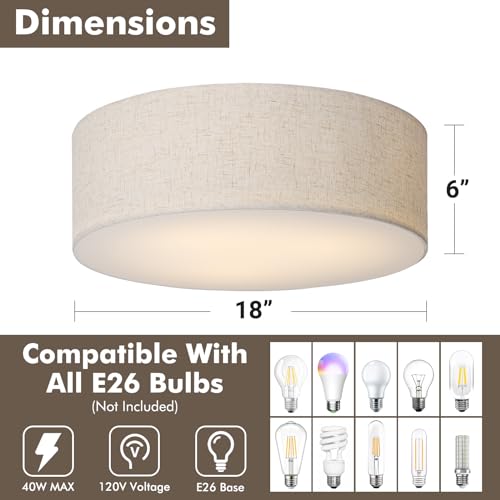 18-Inch Large Flush Mount Ceiling Light Fixture with Fabric Shade, Modern Drum Closed to Ceiling Lighting for Living Dining Room, Bedroom, Kitchen, Foyer - Farmhouse 3-Light Lamp & Chandelier - Image 4